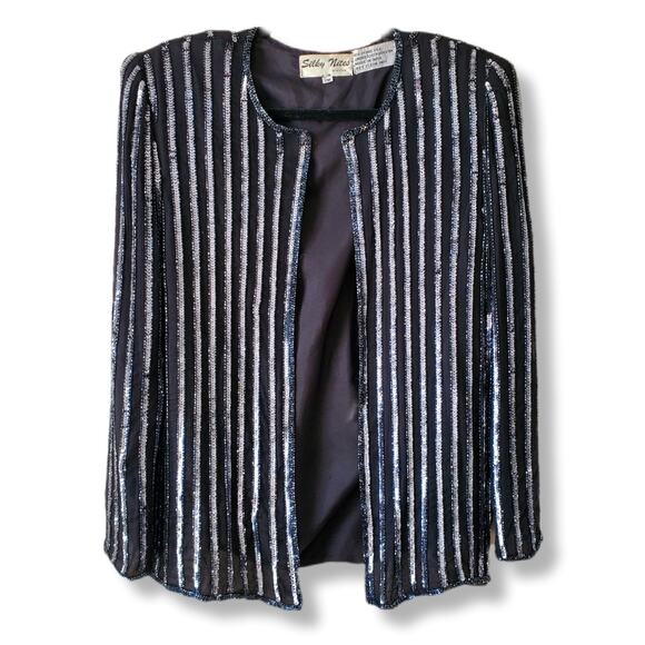 VTG 80S Black Silver Sequin Beaded Jacket Blazer MP NYE Cocktail Party Event - Picture 12 of 12